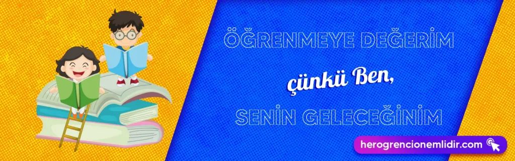 Öğrenmeye değerim çünkü ben senin geleceğinim: Kitap yığınının üzerinde okuyan iki çocuk (illüstrasyon)