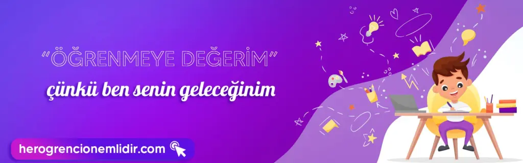 Öğrenmeye değerim çünkü ben senin geleceğinim: Masasında çalışan çocuk ve fikir ikonları (illüstrasyon)