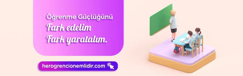 Öğrenme güçlüğünü fark edelim, fark yaratalım: Küçük üç boyutlu sınıf sahnesi: öğretmen, tahta ve sıralar