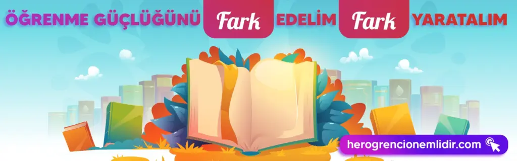 Öğrenme güçlüğünü fark edelim, fark yaratalım: Açık kitap ve renkli kitap sırtlarından oluşan şehir silüeti (illüstrasyon)
